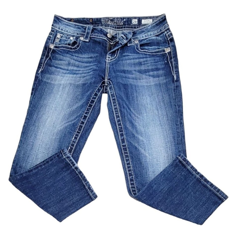 Miss Me Womens Blue Denim Easy Cropped Jeans Embellished‎ Low Rise Size 26